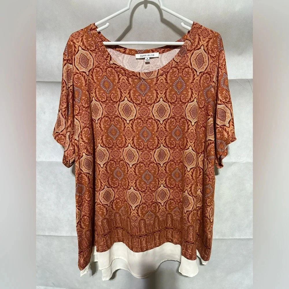 Rose + Olive Women’s 3X Layered Short Sleeve Blouse Top Rust Orange Cream EEUC!